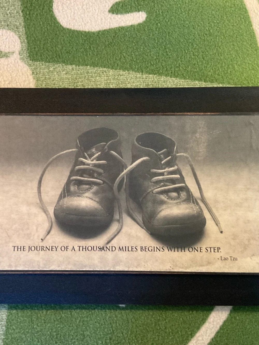 Vintage framed Lao Tzu Quote: “ The journey of 1000 miles”- Baby Shoes